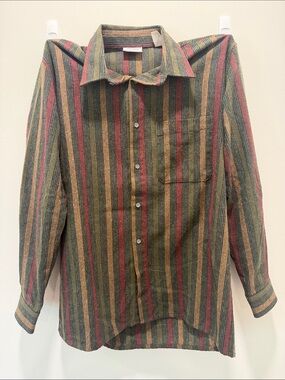 Men's Vintage Striped Button-Up Shirt in Olive, Rust & Navy